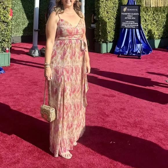 Dress the Population Floral Plisse Maxi Dress XS Metallic Goddess Slip Gown $268 - Picture 4 of 15